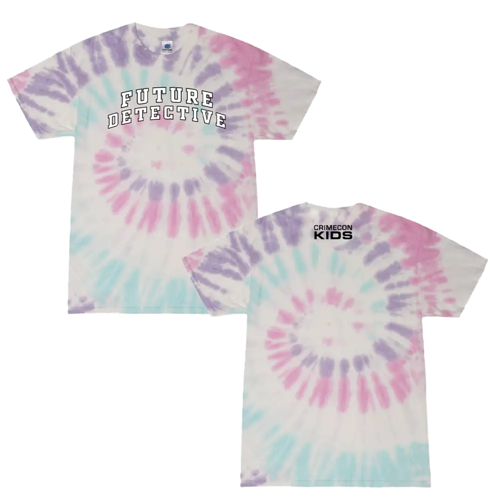 Tie-dye t-shirt with ’FUTURE DETECTIVE’ text on the front.