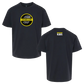 Black t-shirt with a circular yellow logo on the front and ’KIDS’ text on the back.