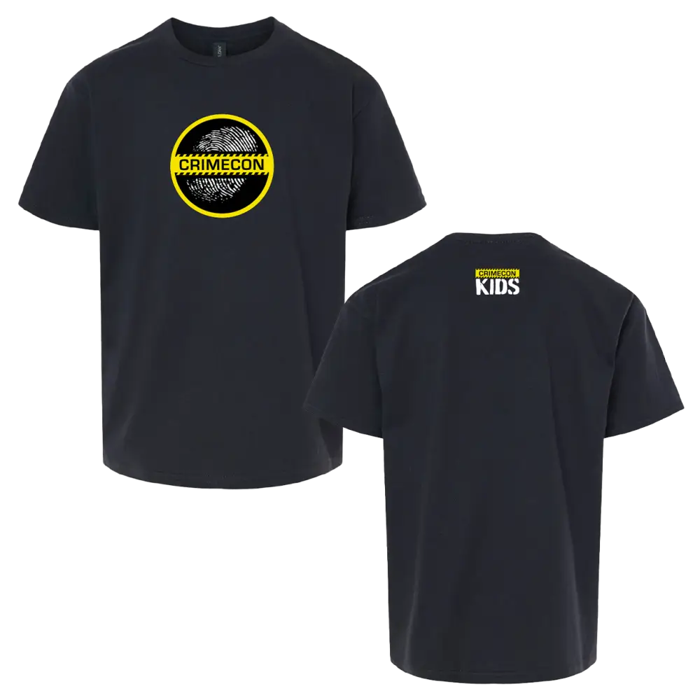 Black t-shirt with a circular yellow logo on the front and ’KIDS’ text on the back.