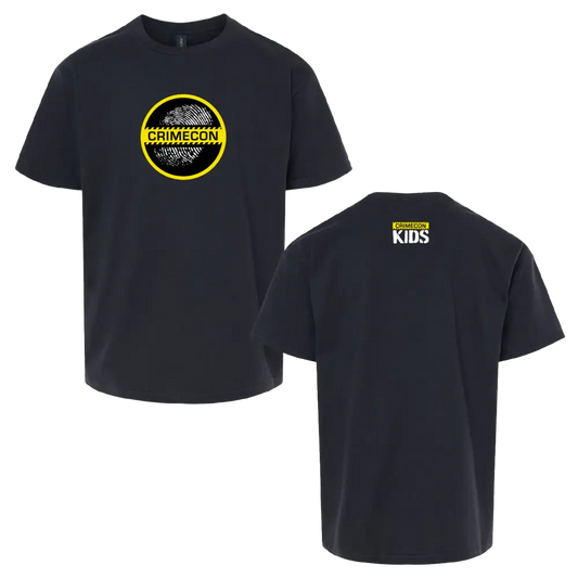 Black t-shirt with a circular yellow logo on the front and ’KIDS’ text on the back.