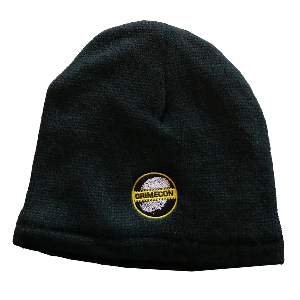 Black knit beanie with a circular logo patch.