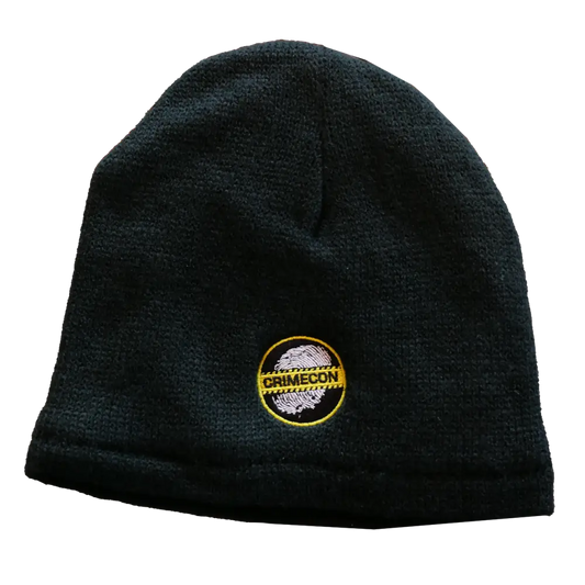 Black knit beanie with a circular logo patch.