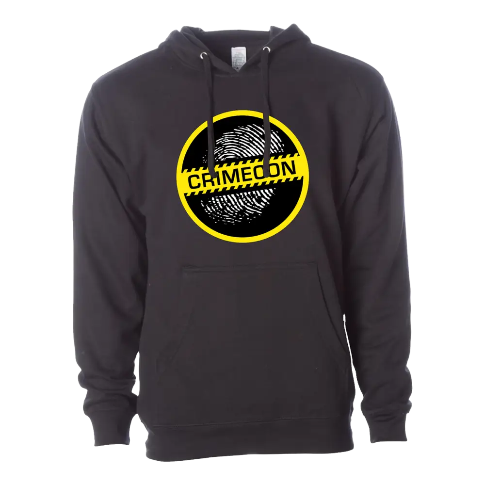 Black hoodie sweatshirt with a yellow circular logo featuring the text ’GAMEON’ and a fingerprint design.