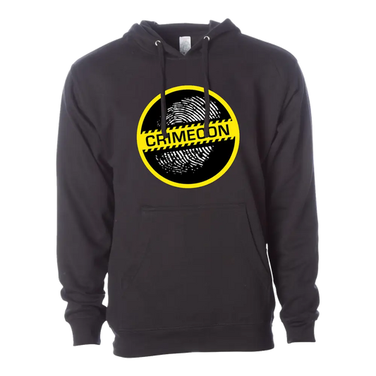 Black hoodie sweatshirt with a yellow circular logo featuring the text ’GAMEON’ and a fingerprint design.