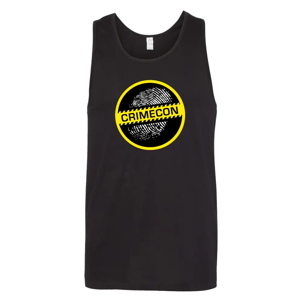 Black tank top with a circular yellow and black ’Crimecon’ logo on the front.