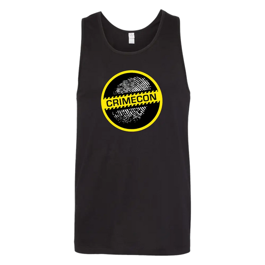 Black tank top with a circular yellow and black ’Crimecon’ logo on the front.