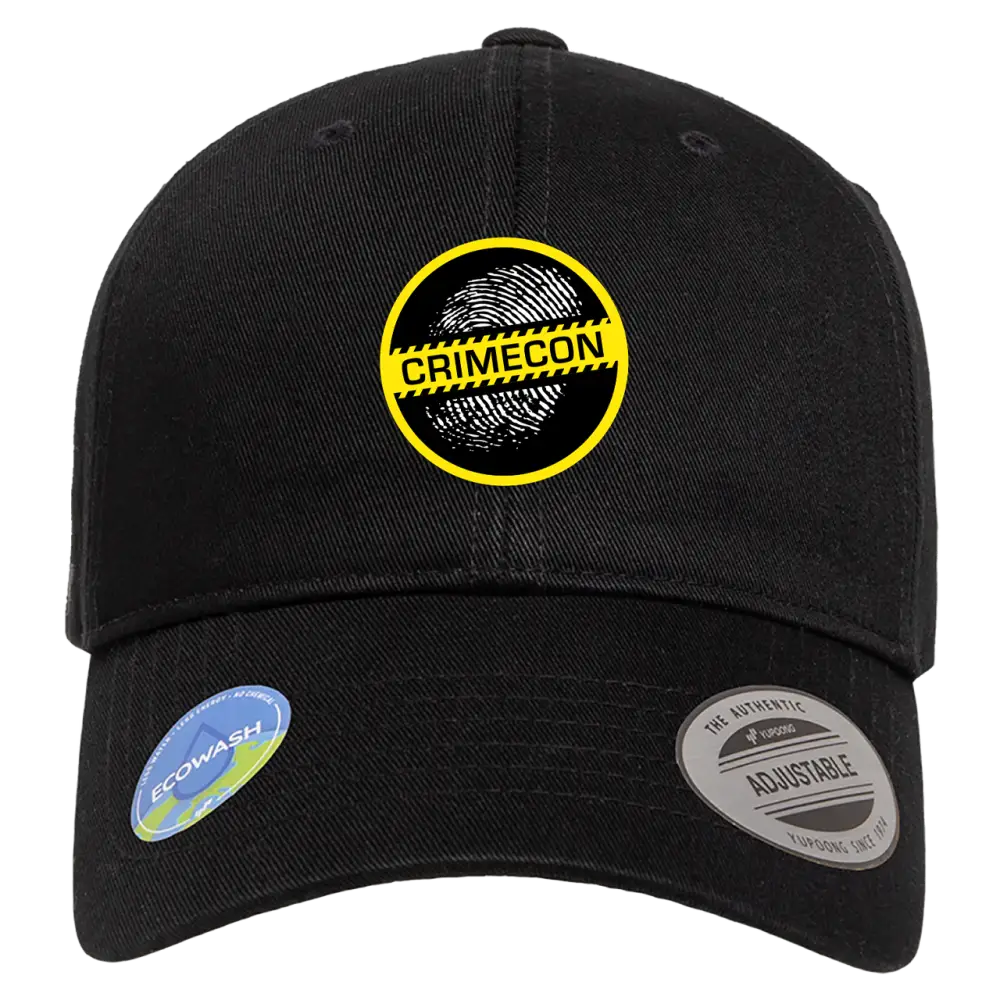 Black baseball cap with a circular ’Crimecon’ logo featuring a fingerprint design.