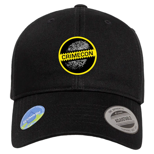 Black baseball cap with a circular ’Crimecon’ logo featuring a fingerprint design.