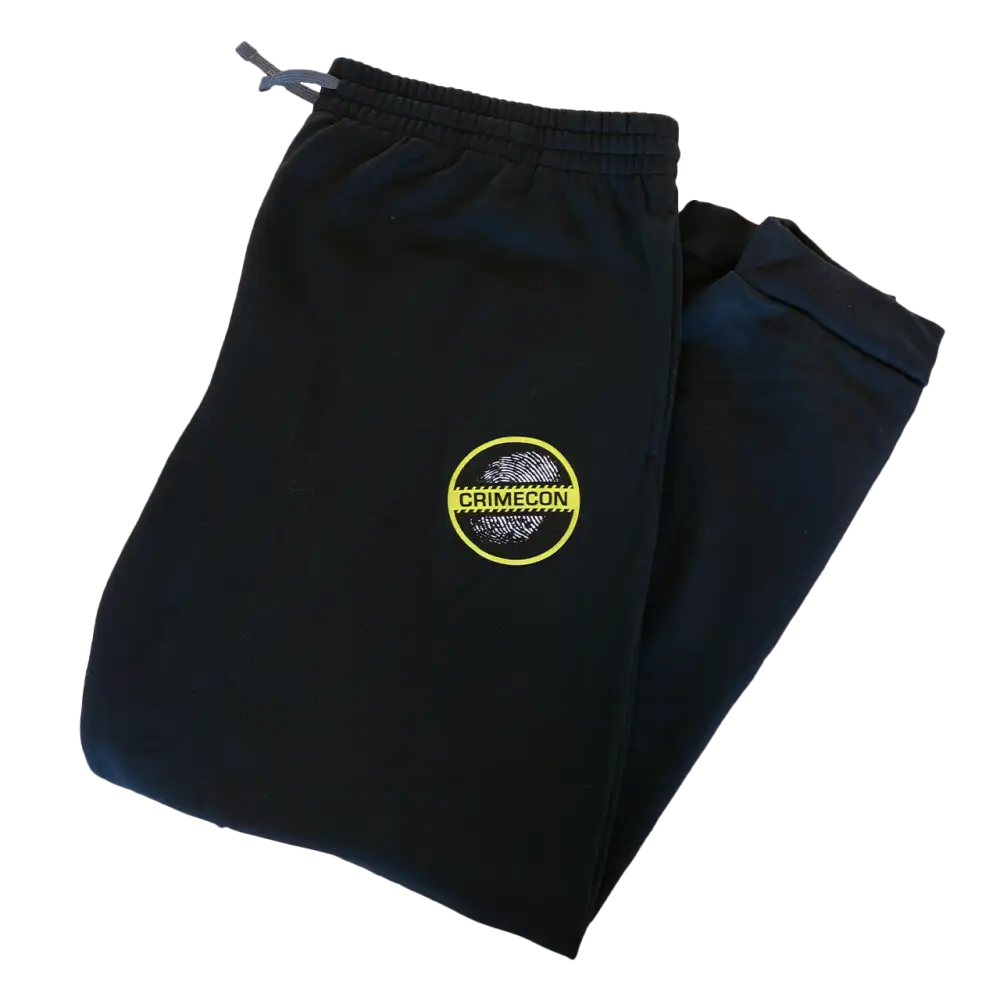 Black sweatpants with a circular logo patch on the leg.