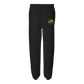 Black sweatpants with a small yellow circular logo on the left thigh.