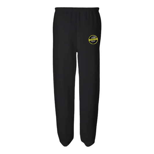 Black sweatpants with a small yellow circular logo on the left thigh.