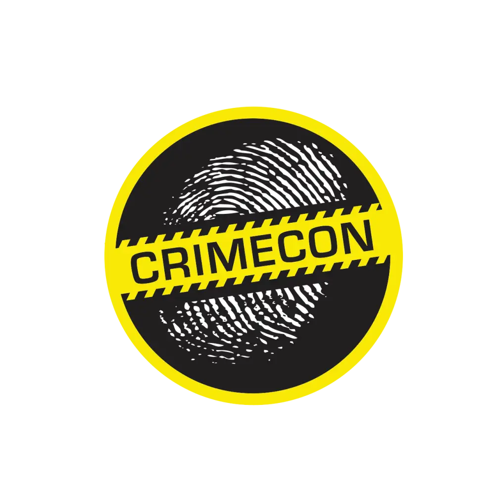 Circular logo featuring a fingerprint and the word ’CRIMECON’ on a yellow and black background.