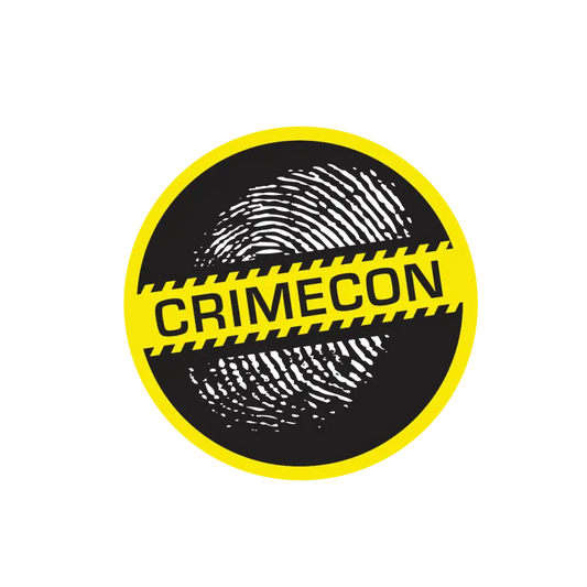 Circular logo featuring a fingerprint and the word ’CRIMECON’ on a yellow and black background.