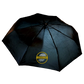 Black umbrella with a yellow circular logo on one panel.