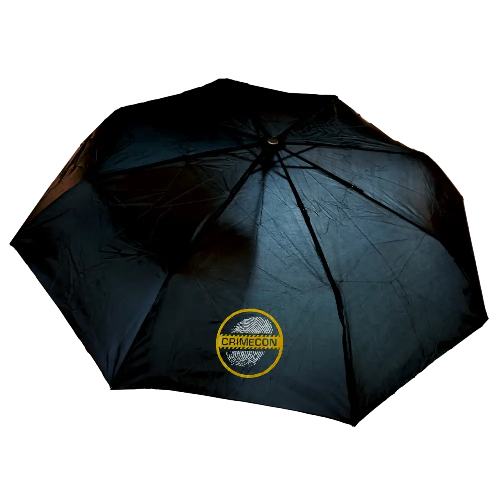 Black umbrella with a yellow circular logo on one panel.