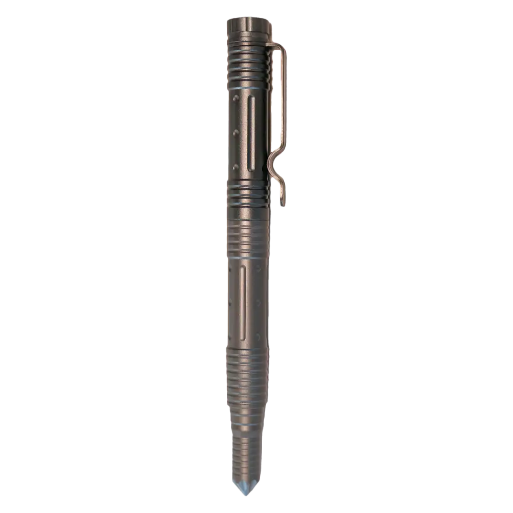 Tactical pen with a pointed tip and clip attachment.