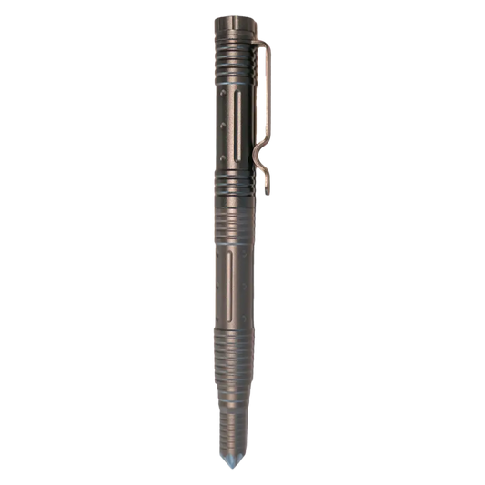 Tactical pen with a pointed tip and clip attachment.