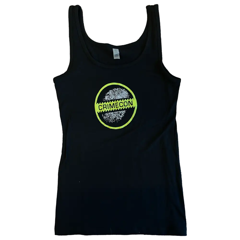 Black tank top with a circular ’Crimecon’ logo featuring green and gray colors.