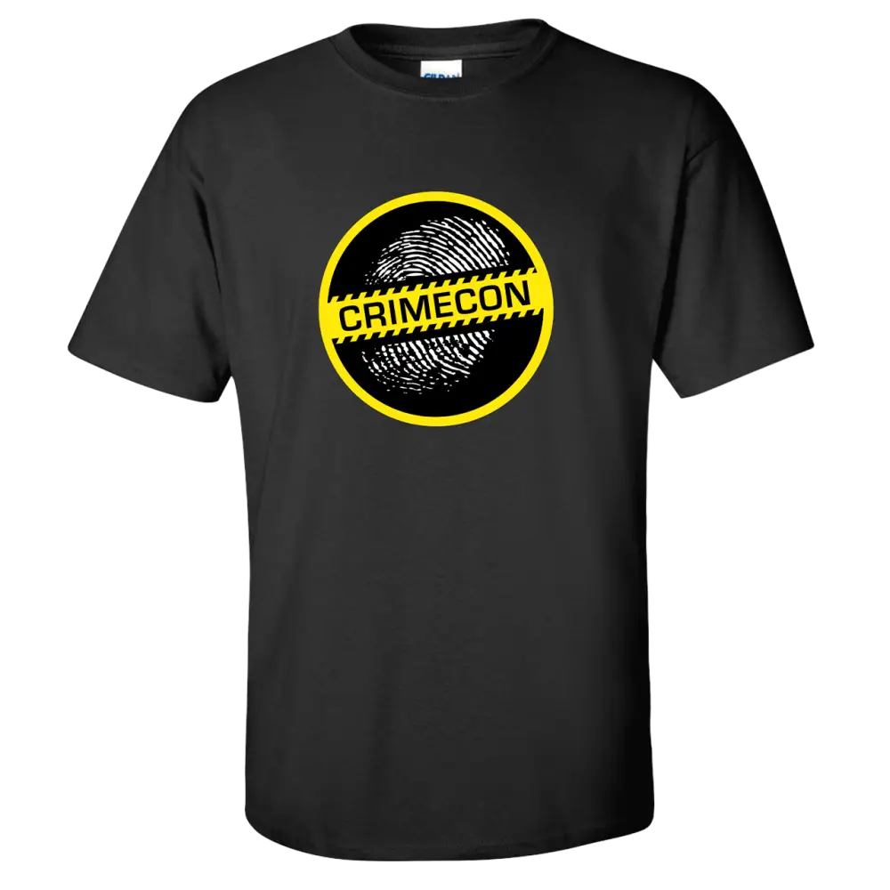 Black t-shirt with a yellow and black circular ’Crimecon’ logo featuring a fingerprint design.