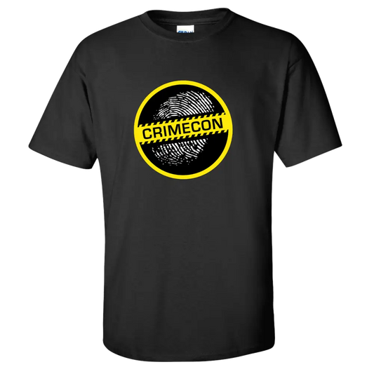 Black t-shirt with a yellow and black circular ’Crimecon’ logo featuring a fingerprint design.