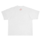 White t-shirt with small red text on the back.