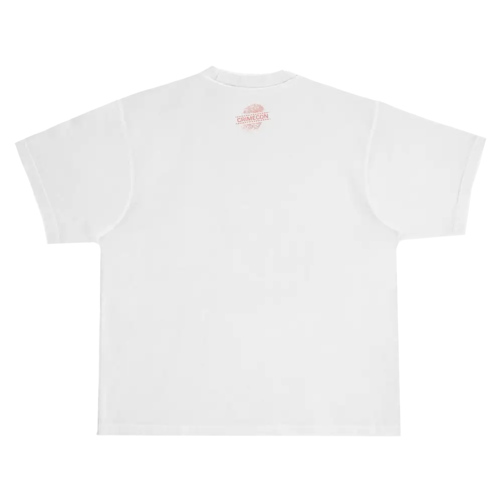 White t-shirt with small red text on the back.