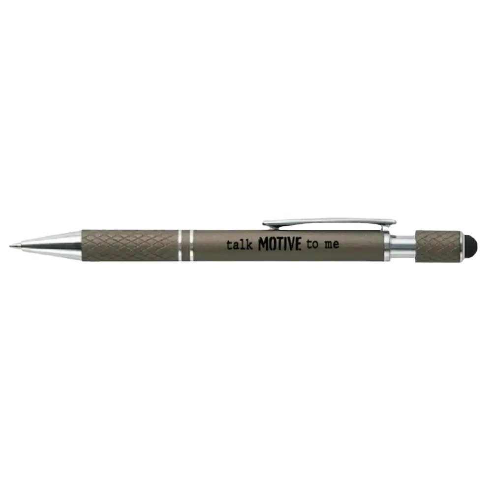 Metallic gray mechanical pencil with ’CALK MOTIVE’ printed on its barrel.