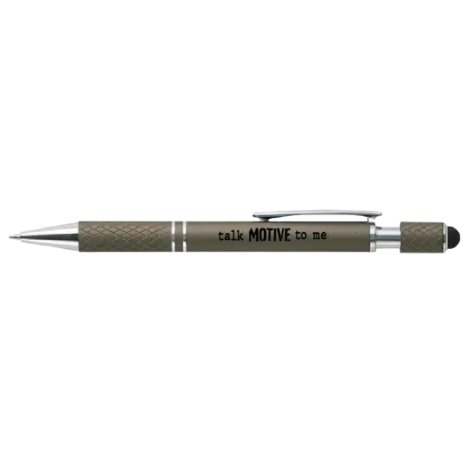 Metallic gray mechanical pencil with ’CALK MOTIVE’ printed on its barrel.