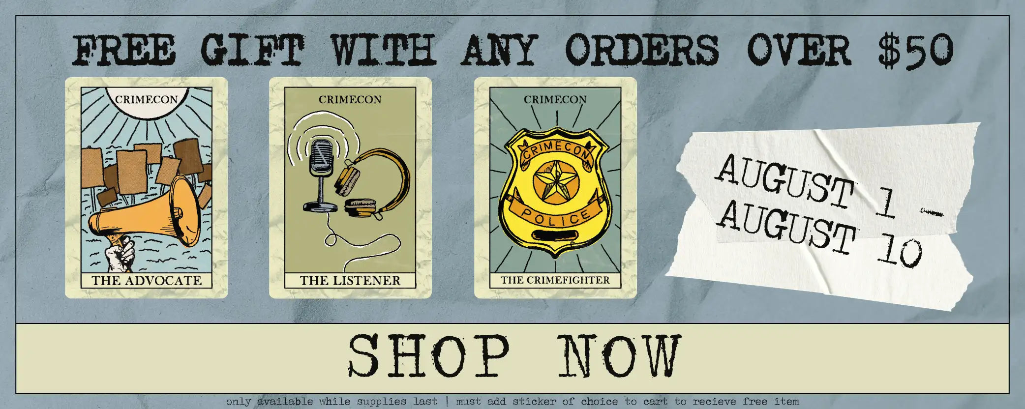 Three illustrated tarot cards from the crimecon brand, each featuring a distinct theme and design: ’the advocate’ with an orange megaphone on a cityscape background; ’the listener,’ showing headphones around a microphone against a muted green backdrop;